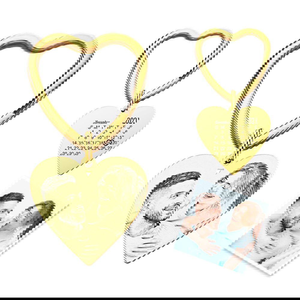Custom Calendar Photo Keychain Heart Engraved Keyring Anniversary Memorial Gift Wedding Gift - DigiVirt
