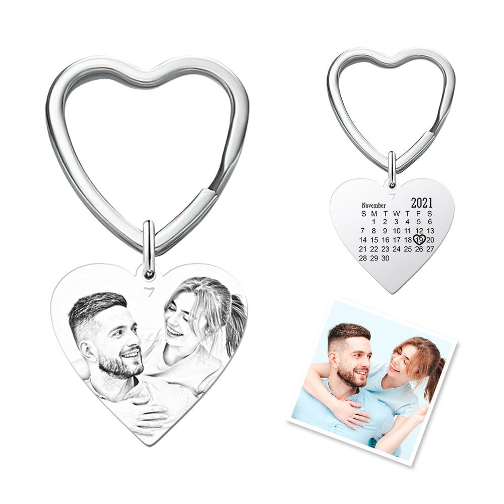 Custom Calendar Photo Keychain Heart Engraved Keyring Anniversary Memorial Gift Wedding Gift - DigiVirt