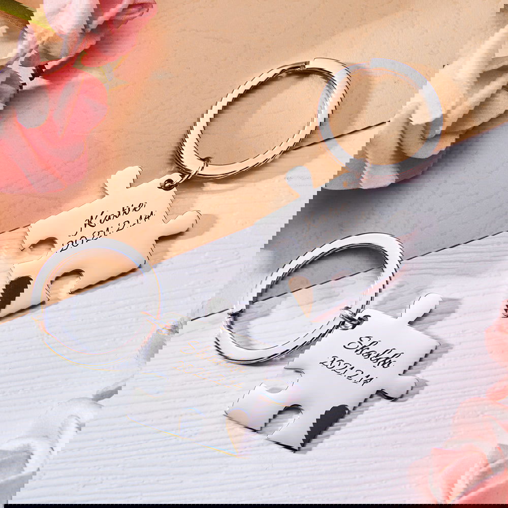 Custom Engraved Couple Keychain Set Personalized Puzzle Key Ring Valentine's Day Gifts Wedding Gifts - DigiVirt
