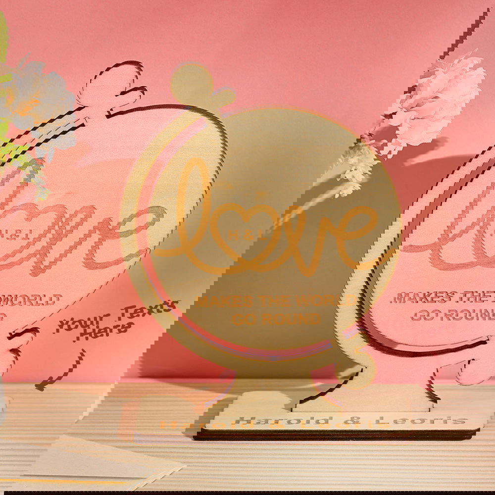 Custom Engraved Love Makes The World Go Round Personalized Wood Keepsake for Couples - DigiVirt