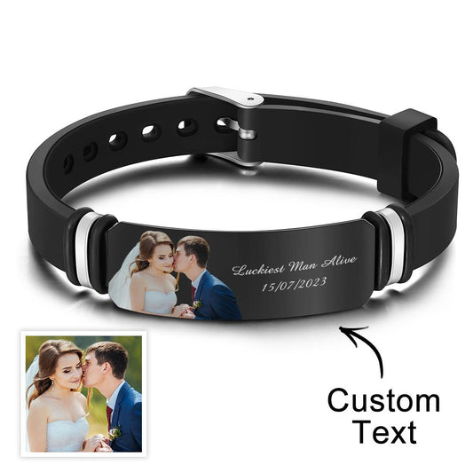 Custom Men's Photo Engraved  Bracelet Wedding Gift For Anniversary Newly Married Couple Personalized Bracelet Black Filter - DigiVirt