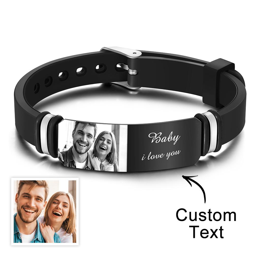 Custom Men's Photo Engraved  Bracelet Wedding Gift For Anniversary Newly Married Couple Personalized Bracelet Black Filter - DigiVirt