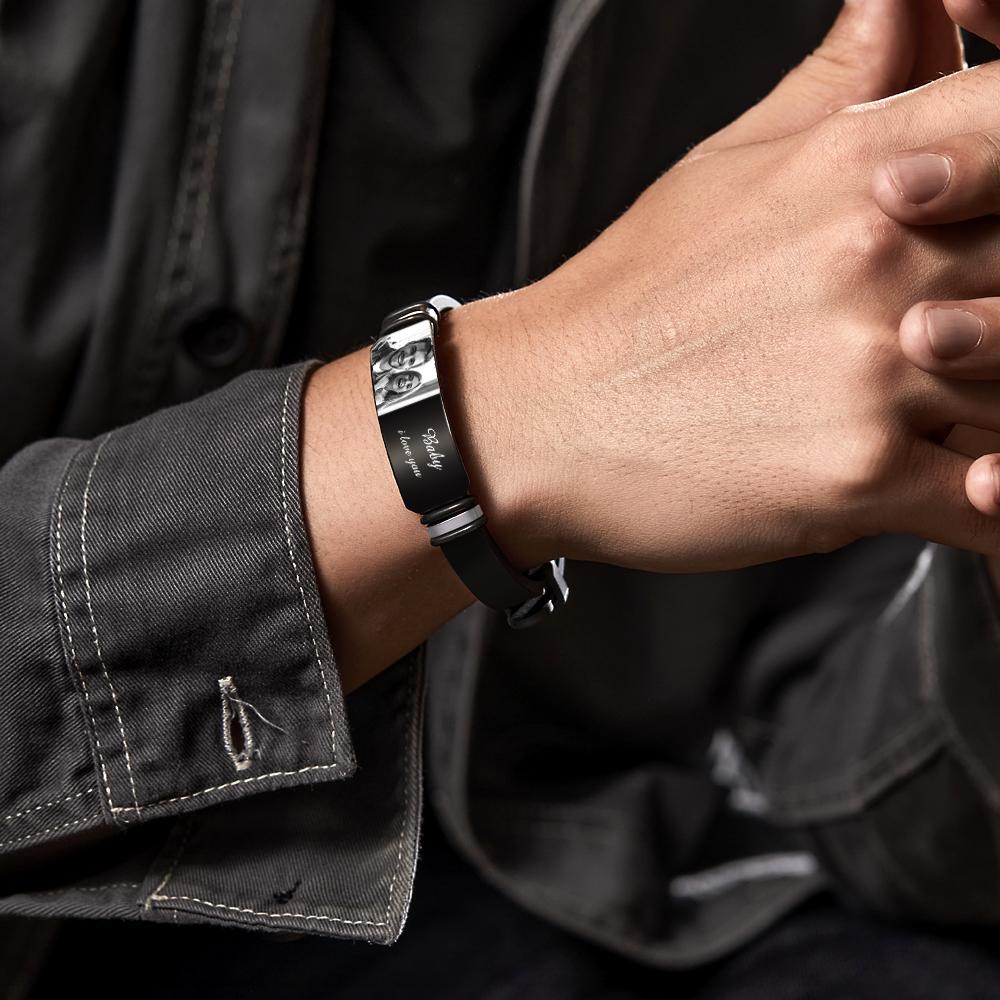 Custom Men's Photo Engraved  Bracelet Wedding Gift For Anniversary Newly Married Couple Personalized Bracelet Black Filter - DigiVirt