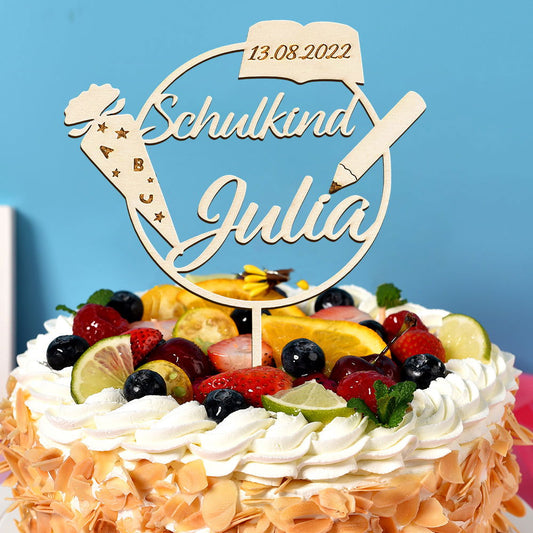 Custom Name Cake Topper Personalized Wooden School Cone Cake Decoration - DigiVirt