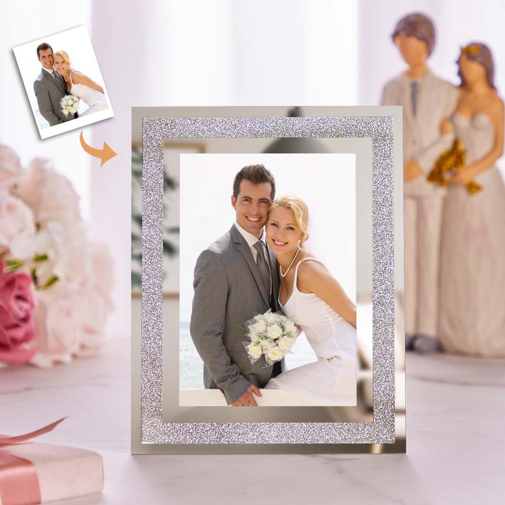 Custom Photo Frame Photo Holder Glass Mirror with Sparkling Crystal Boarder Gift for Her - DigiVirt
