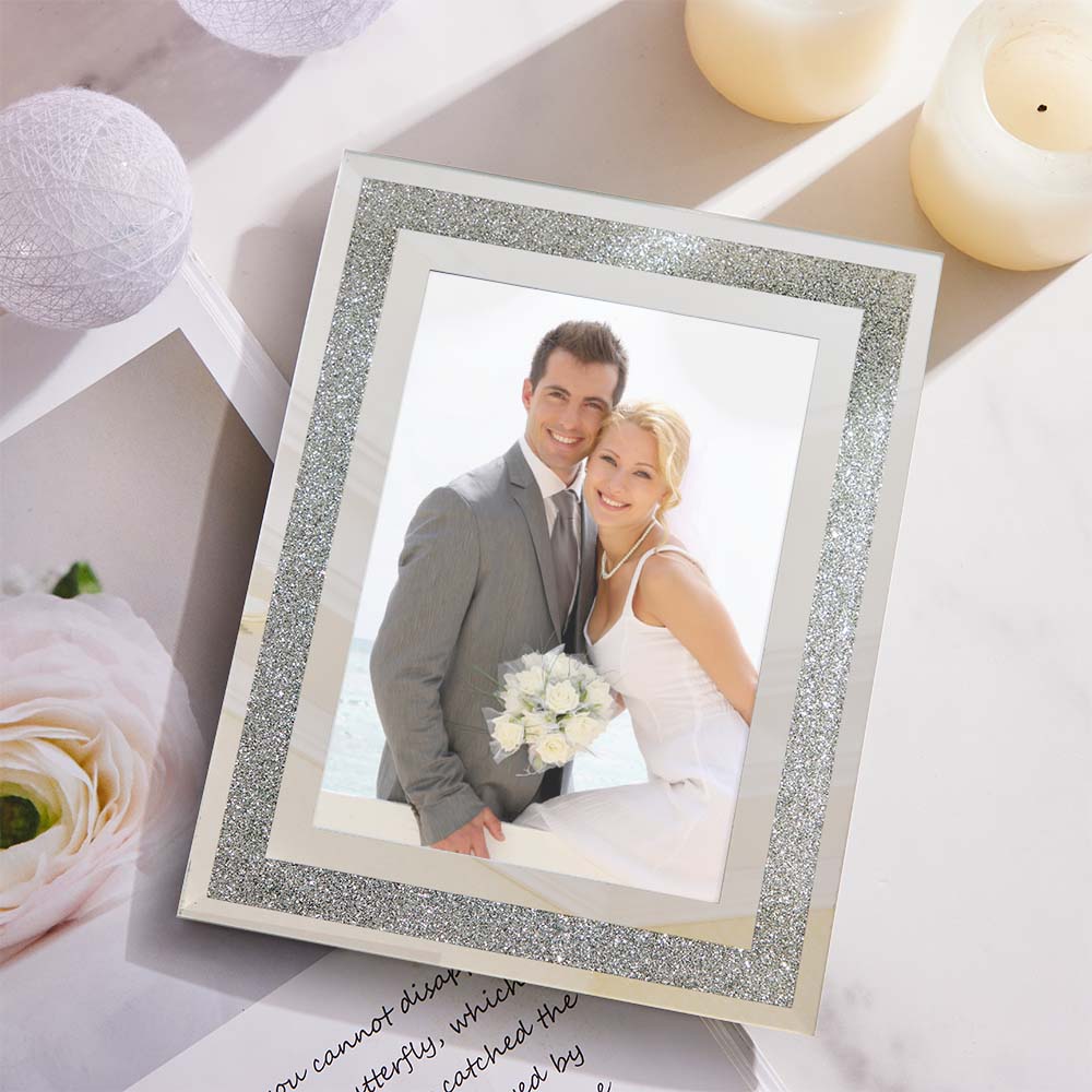 Custom Photo Frame Photo Holder Glass Mirror with Sparkling Crystal Boarder Gift for Her - DigiVirt