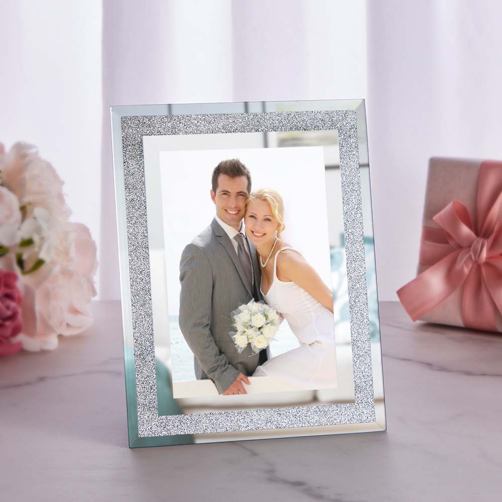 Custom Photo Frame Photo Holder Glass Mirror with Sparkling Crystal Boarder Gift for Her - DigiVirt
