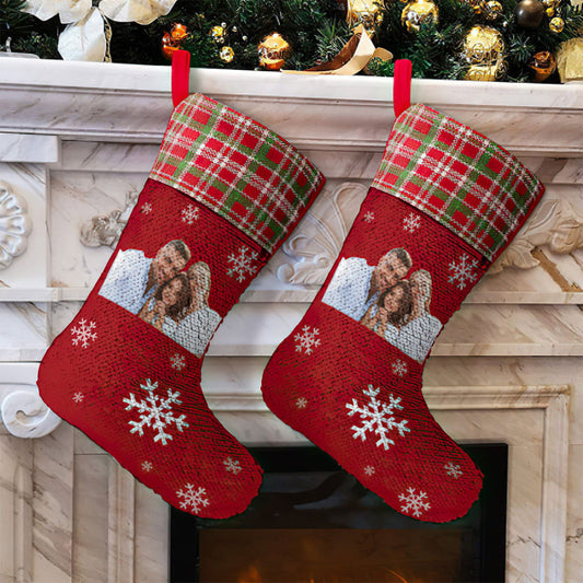 Custom Photo Sequin Christmas Stocking Personalized Red Christmas Decoration Sock - DigiVirt