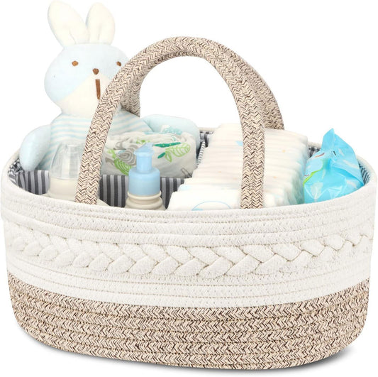 Diaper Caddy Organizer, Large Cotton Rope Nursery Baby Basket, Changing Table Organizer for Baby Diaper Storage, Portable Car Organizer with Removable Divider, Baby Shower Gifts - White Storage Basket - DigiVirt