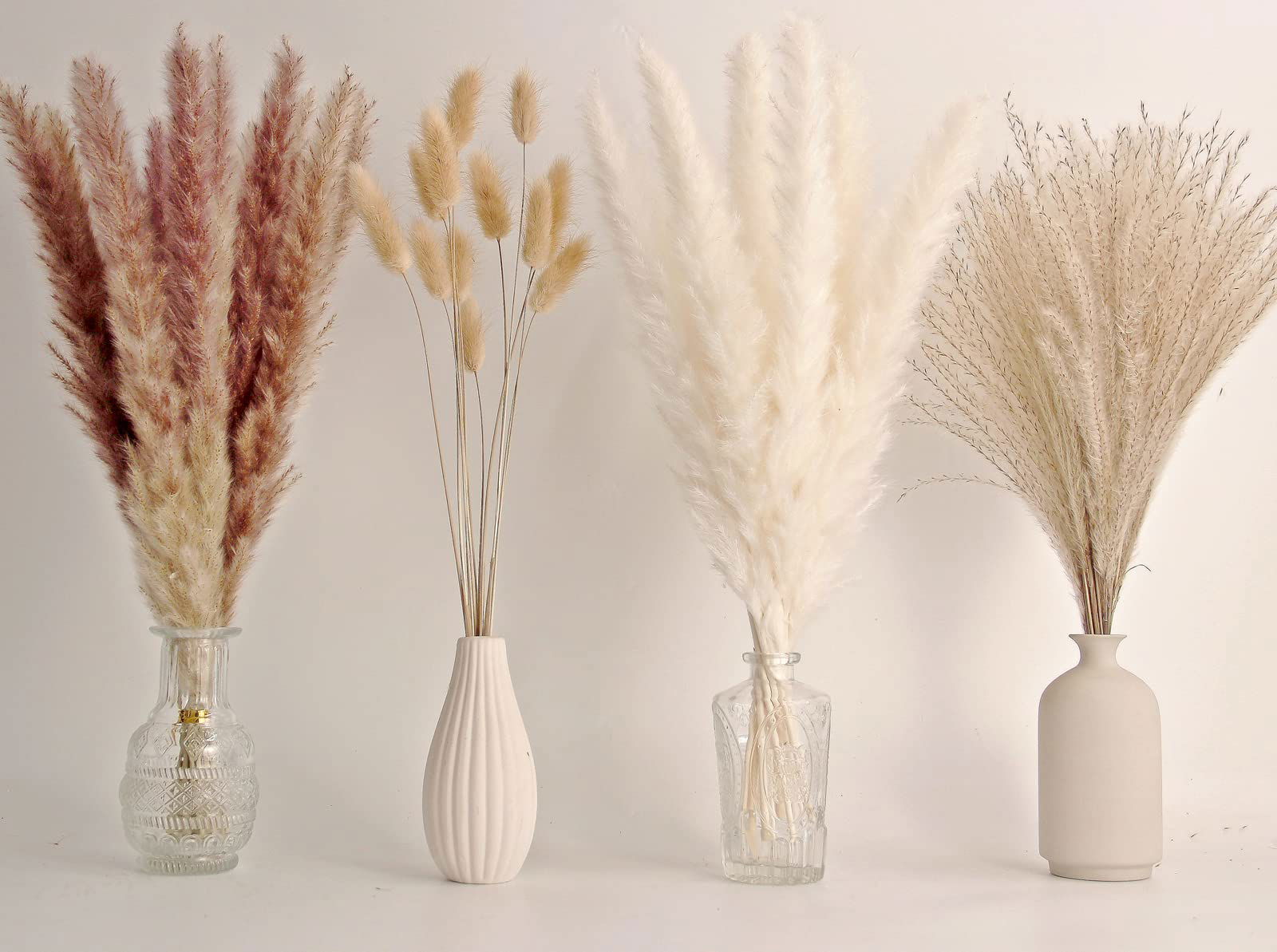 Dried Pampas Grass Decor, 100 PCS Pampas Grass Contains Bunny Tails Dried Flowers, Reed Grass Bouquet for Wedding Boho Flowers Home Table Decor, Rustic Farmhouse Party (White and Brown) - DigiVirt