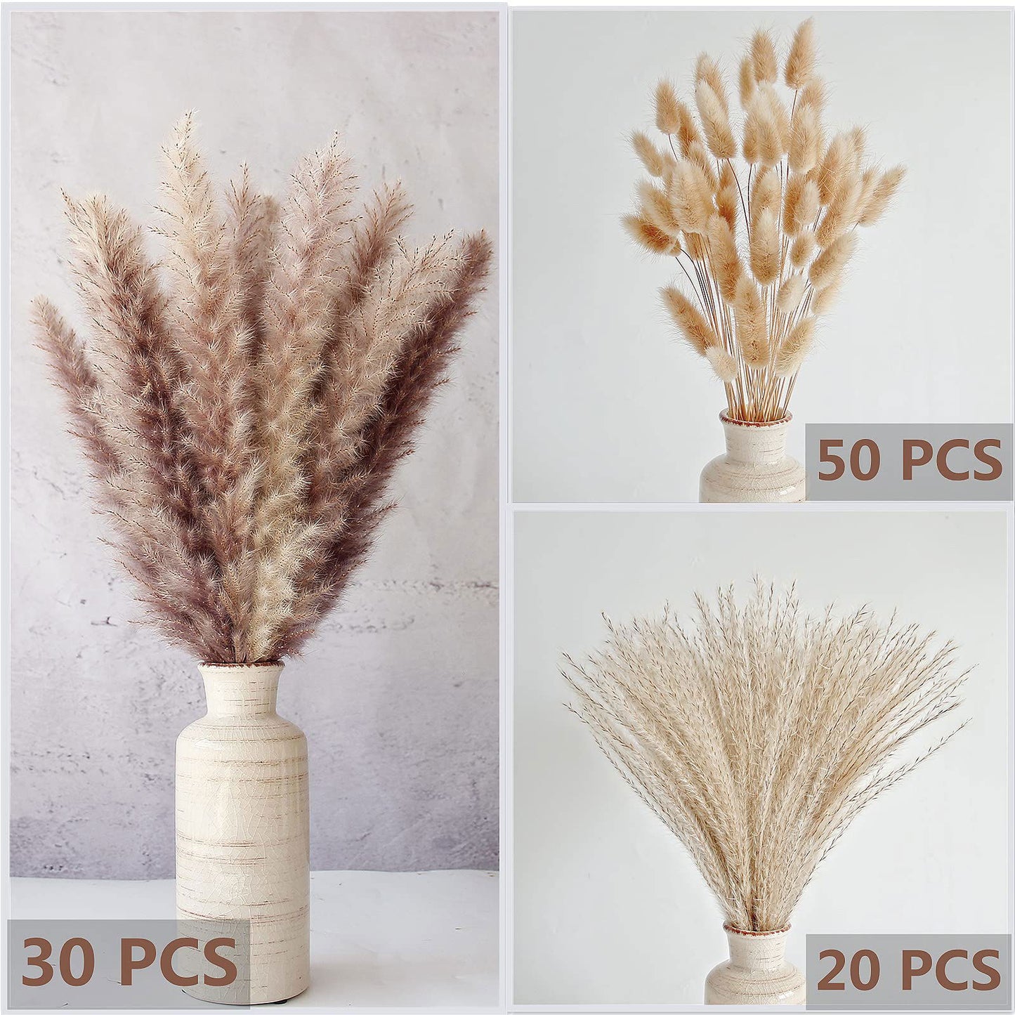 Dried Pampas Grass Decor, 100 PCS Pampas Grass Contains Bunny Tails Dried Flowers, Reed Grass Bouquet for Wedding Boho Flowers Home Table Decor, Rustic Farmhouse Party (White and Brown) - DigiVirt