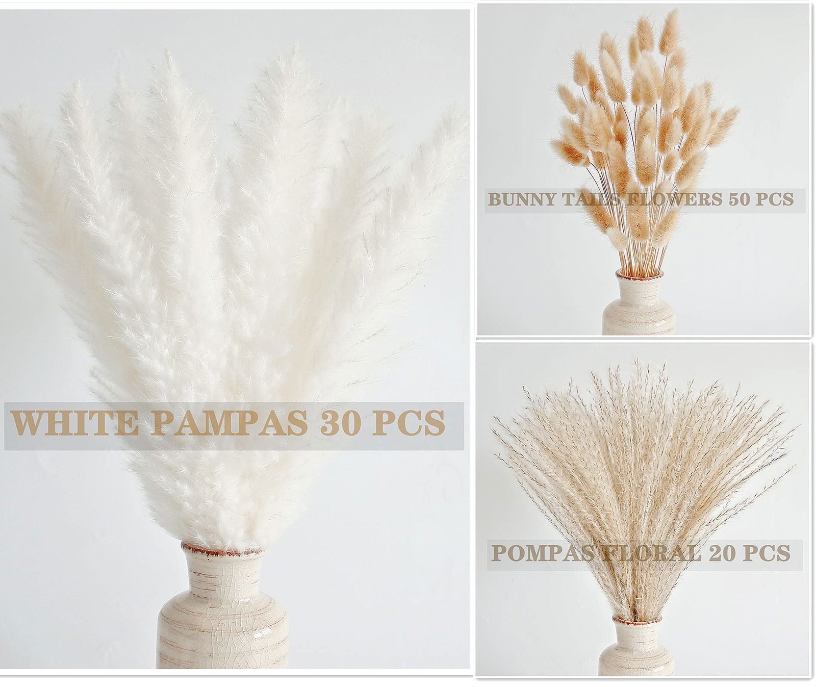 Dried Pampas Grass Decor, 100 PCS Pampas Grass Contains Bunny Tails Dried Flowers, Reed Grass Bouquet for Wedding Boho Flowers Home Table Decor, Rustic Farmhouse Party (White and Brown) - DigiVirt