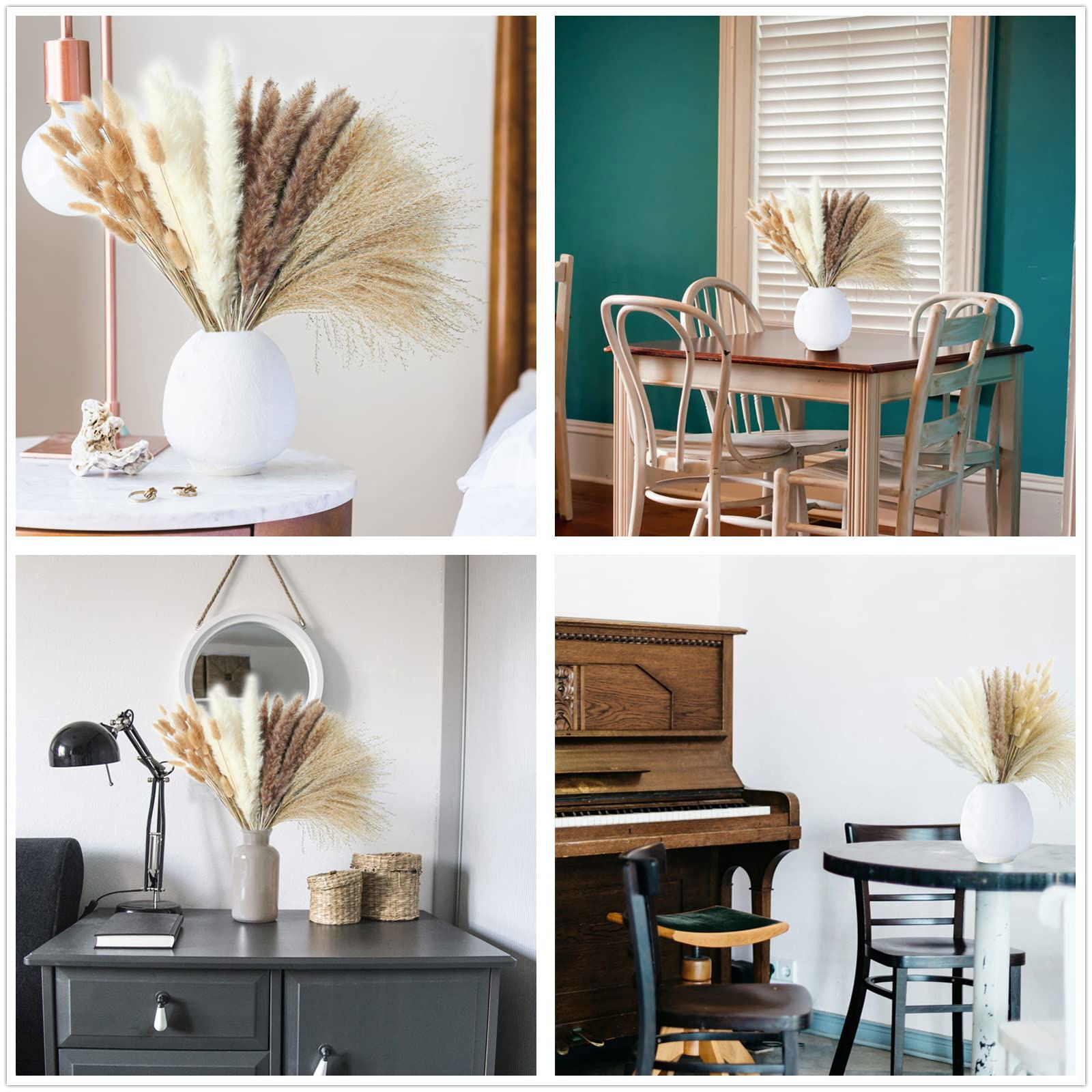 Dried Pampas Grass Decor, 100 PCS Pampas Grass Contains Bunny Tails Dried Flowers, Reed Grass Bouquet for Wedding Boho Flowers Home Table Decor, Rustic Farmhouse Party (White and Brown) - DigiVirt