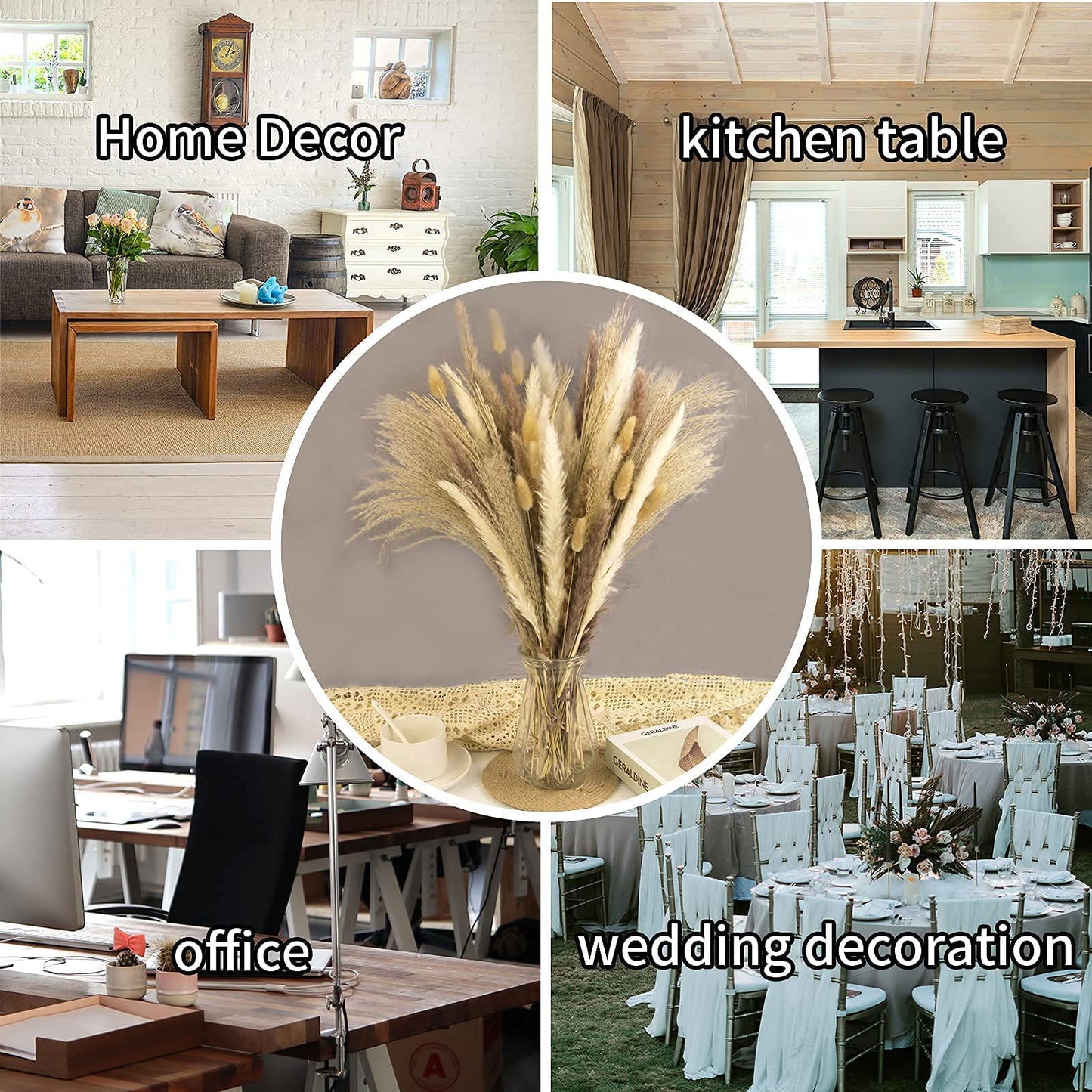 Dried Pampas Grass Decor, 100 PCS Pampas Grass Contains Bunny Tails Dried Flowers, Reed Grass Bouquet for Wedding Boho Flowers Home Table Decor, Rustic Farmhouse Party (White and Brown) - DigiVirt