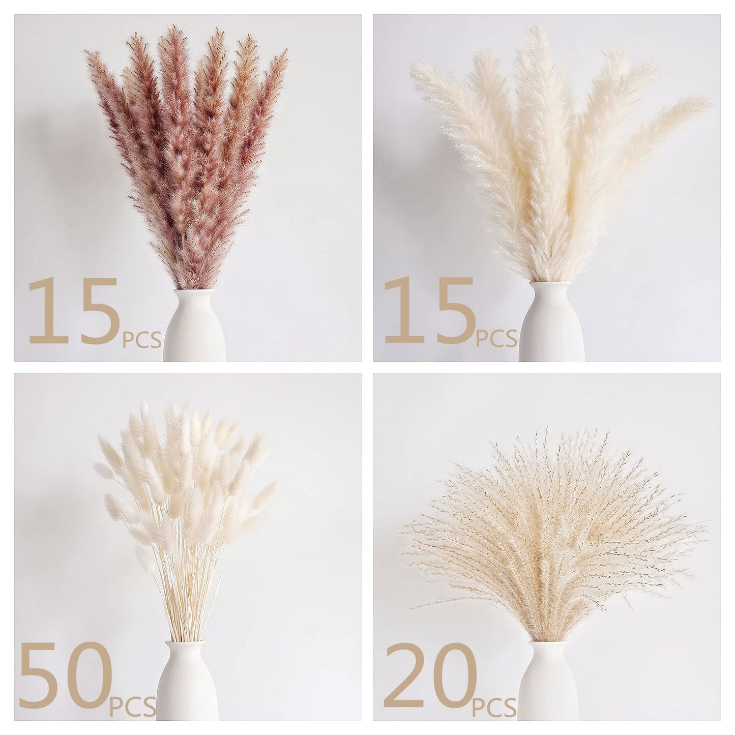 Dried Pampas Grass Decor, 100 PCS Pampas Grass Contains Bunny Tails Dried Flowers, Reed Grass Bouquet for Wedding Boho Flowers Home Table Decor, Rustic Farmhouse Party (White and Brown) - DigiVirt