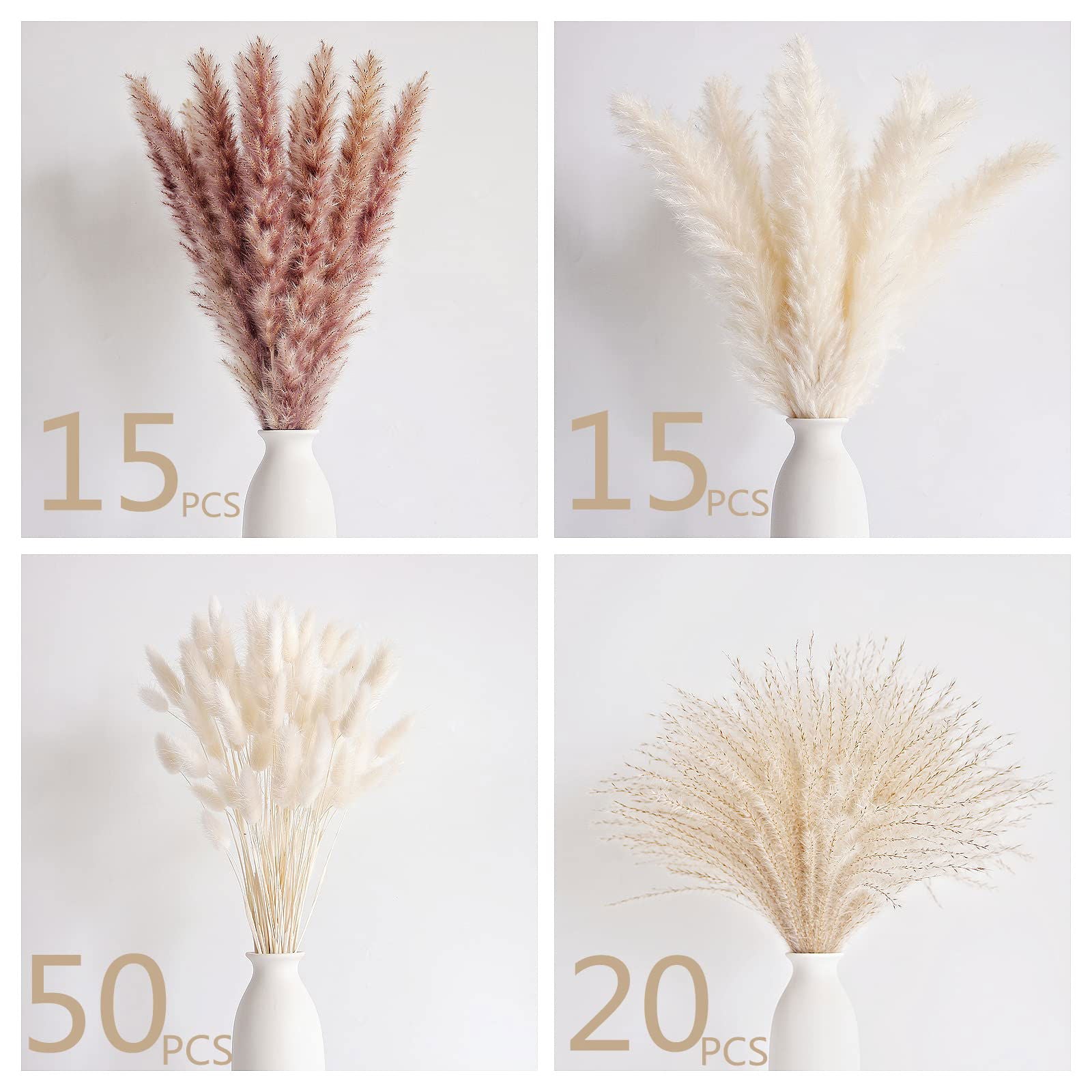 Dried Pampas Grass Decor, 100 PCS Pampas Grass Contains Bunny Tails Dried Flowers, Reed Grass Bouquet for Wedding Boho Flowers Home Table Decor, Rustic Farmhouse Party (White and Brown) - DigiVirt