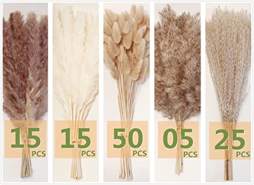 Dried Pampas Grass Decor, 100 PCS Pampas Grass Contains Bunny Tails Dried Flowers, Reed Grass Bouquet for Wedding Boho Flowers Home Table Decor, Rustic Farmhouse Party (White and Brown) - DigiVirt