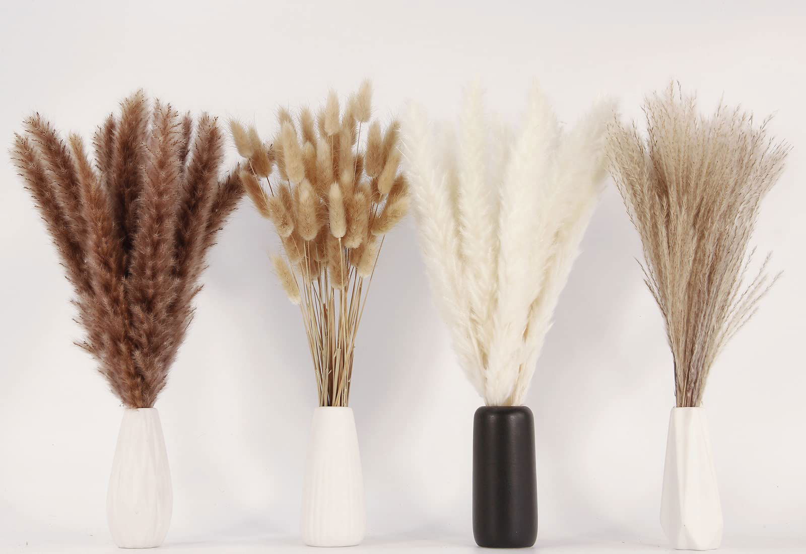 Dried Pampas Grass Decor, 100 PCS Pampas Grass Contains Bunny Tails Dried Flowers, Reed Grass Bouquet for Wedding Boho Flowers Home Table Decor, Rustic Farmhouse Party (White and Brown) - DigiVirt