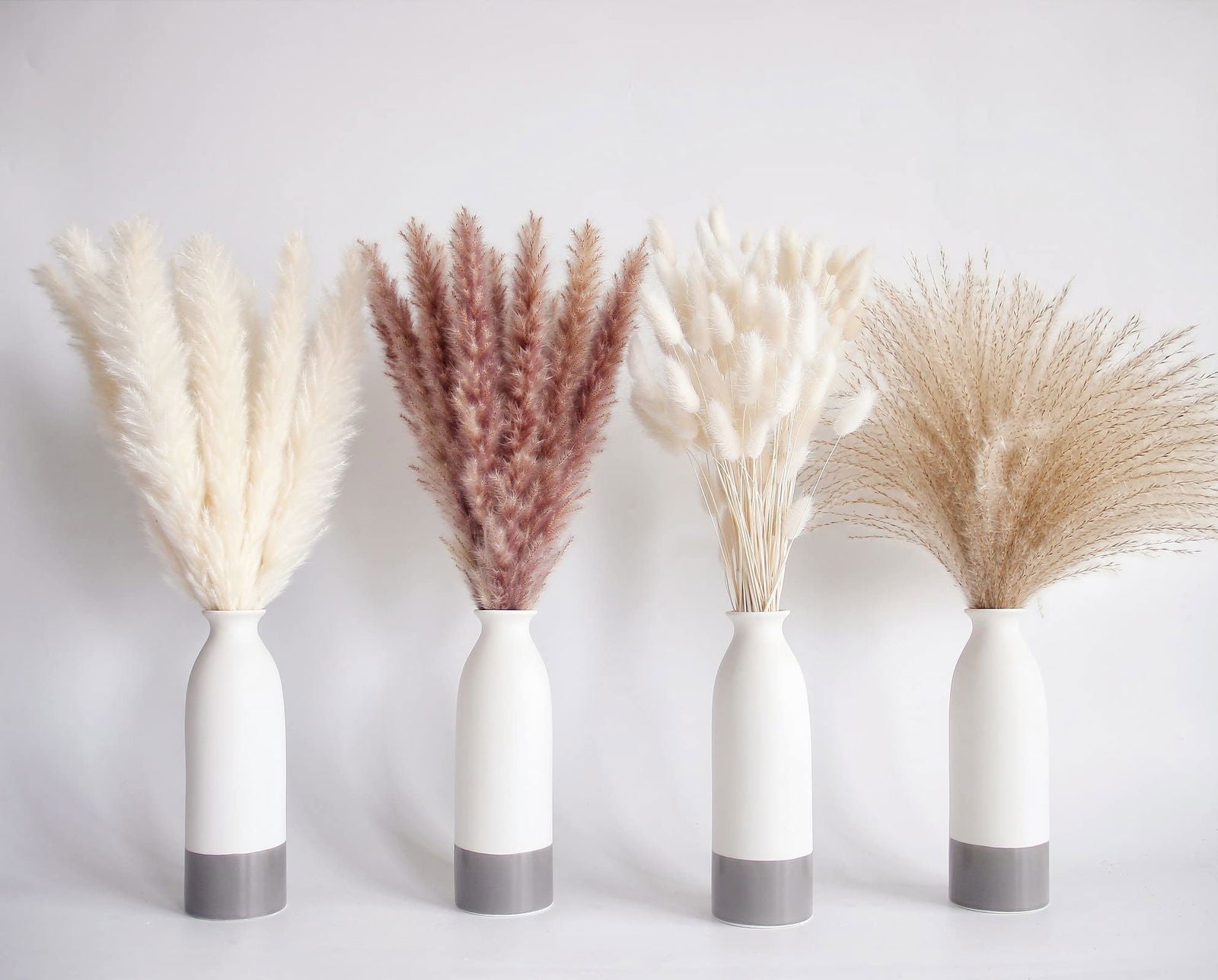 Dried Pampas Grass Decor, 100 PCS Pampas Grass Contains Bunny Tails Dried Flowers, Reed Grass Bouquet for Wedding Boho Flowers Home Table Decor, Rustic Farmhouse Party (White and Brown) - DigiVirt