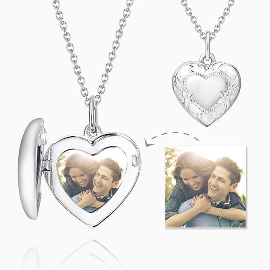 Embossed Heart Photo Locket Necklace with Engraving Platinum Plated Wedding Gift - DigiVirt
