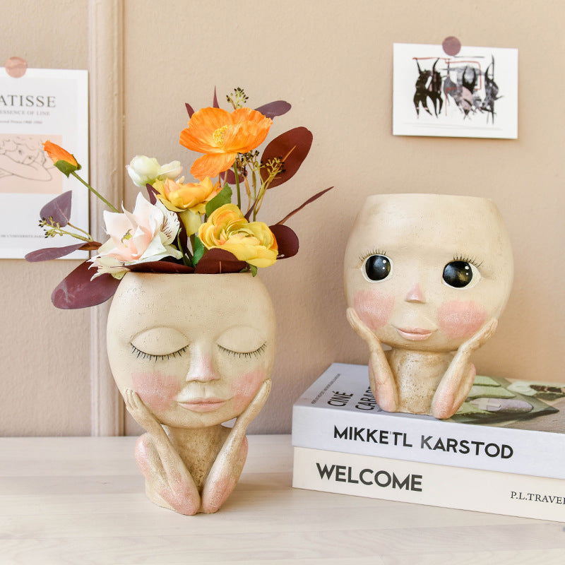 Face Head Design Sculpture Flower Planter Garden Indoor Plant Pot Art Flowerpot - DigiVirt
