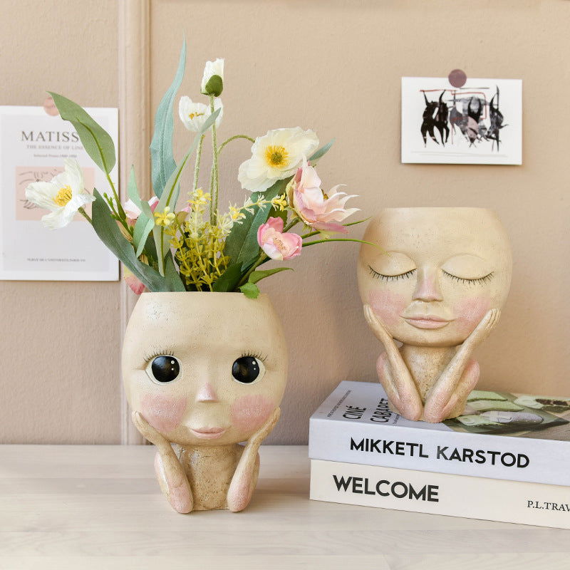 Face Head Design Sculpture Flower Planter Garden Indoor Plant Pot Art Flowerpot - DigiVirt