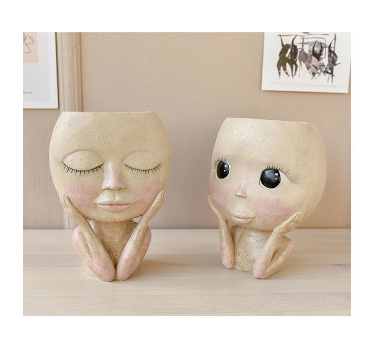 Face Head Design Sculpture Flower Planter Garden Indoor Plant Pot Art Flowerpot - DigiVirt