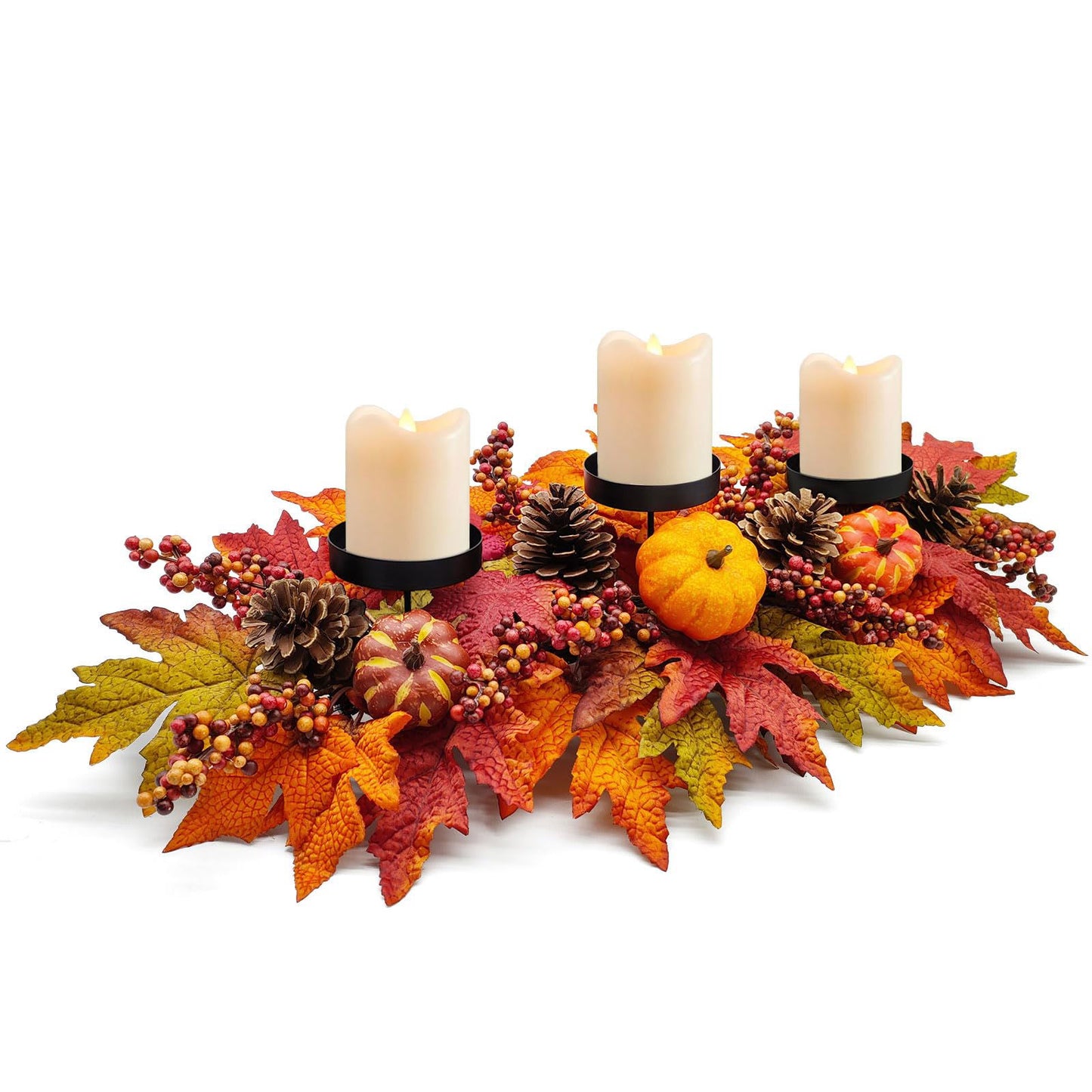 Fall Centerpiece Table Decorations, 27.5'' L Assorted Artificial Pumpkins, Pine Cones, Berries, and Autumn Leaves Harvest Table Candle Holder for Dinning Table, Fireplace Mantel (Candle Not Included) - DigiVirt