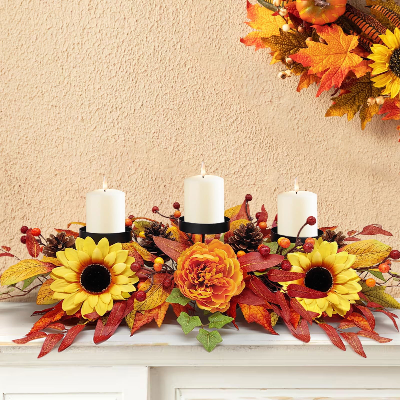 Fall Centerpiece Table Decorations, 27.5'' L Assorted Artificial Pumpkins, Pine Cones, Berries, and Autumn Leaves Harvest Table Candle Holder for Dinning Table, Fireplace Mantel (Candle Not Included) - DigiVirt