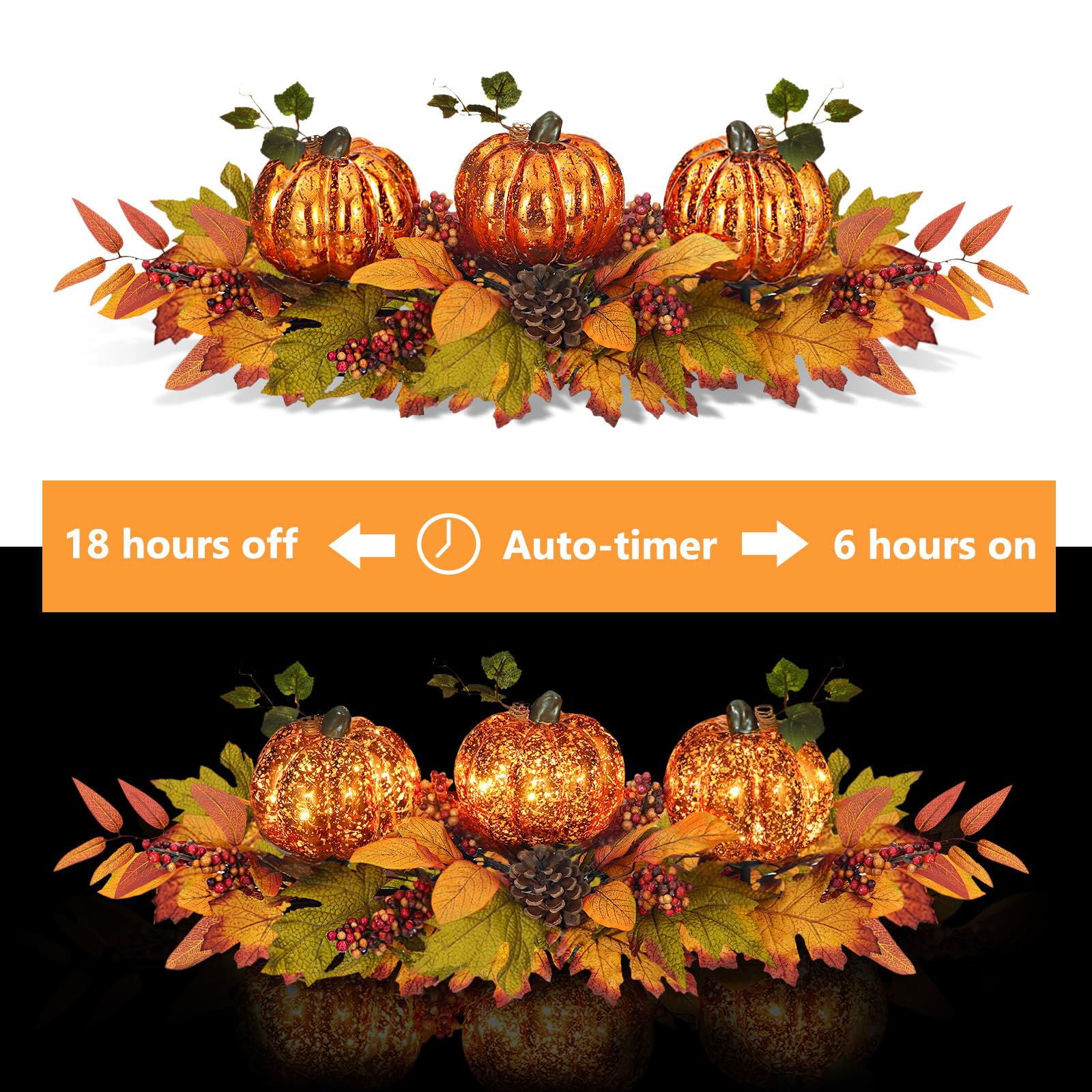 Fall Centerpiece Table Decorations, 27.5'' L Assorted Artificial Pumpkins, Pine Cones, Berries, and Autumn Leaves Harvest Table Candle Holder for Dinning Table, Fireplace Mantel (Candle Not Included) - DigiVirt