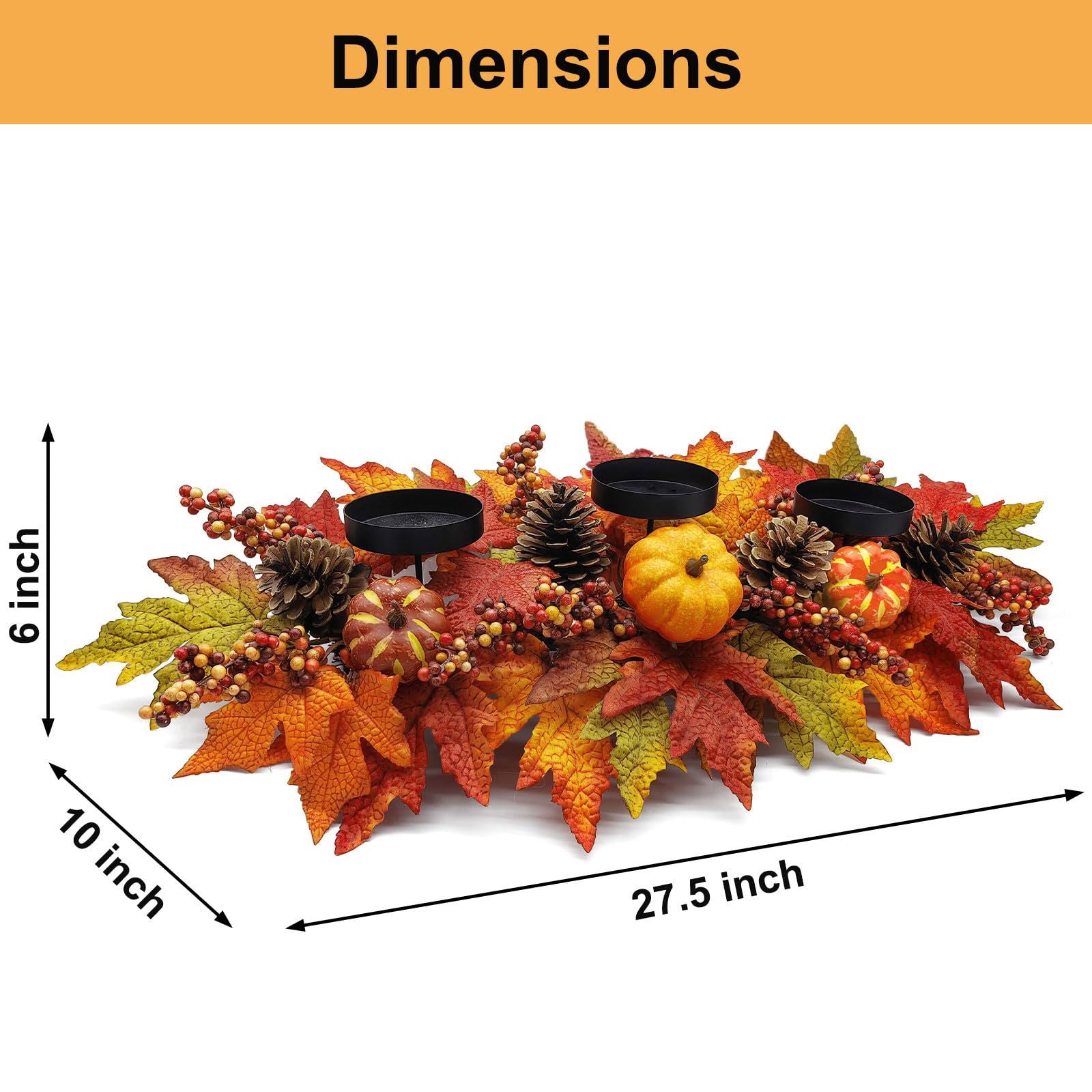 Fall Centerpiece Table Decorations, 27.5'' L Assorted Artificial Pumpkins, Pine Cones, Berries, and Autumn Leaves Harvest Table Candle Holder for Dinning Table, Fireplace Mantel (Candle Not Included) - DigiVirt