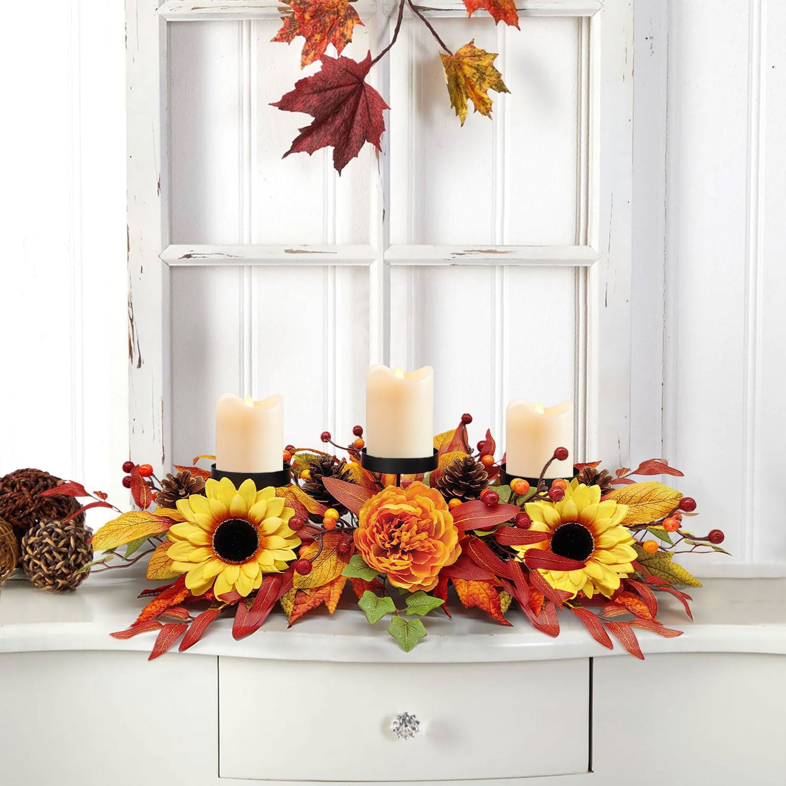 Fall Centerpiece Table Decorations, 27.5'' L Assorted Artificial Pumpkins, Pine Cones, Berries, and Autumn Leaves Harvest Table Candle Holder for Dinning Table, Fireplace Mantel (Candle Not Included) - DigiVirt