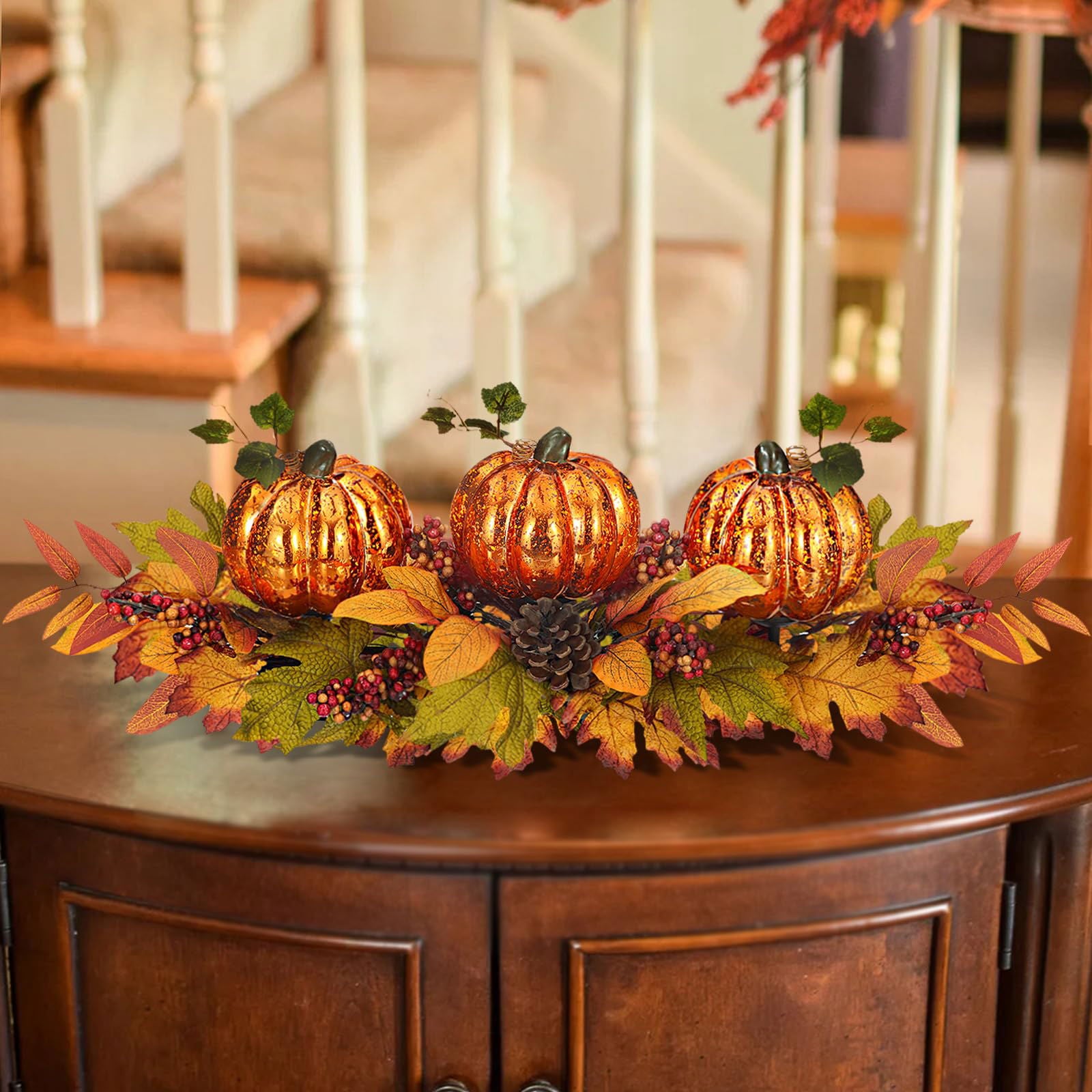 Fall Centerpiece Table Decorations, 27.5'' L Assorted Artificial Pumpkins, Pine Cones, Berries, and Autumn Leaves Harvest Table Candle Holder for Dinning Table, Fireplace Mantel (Candle Not Included) - DigiVirt