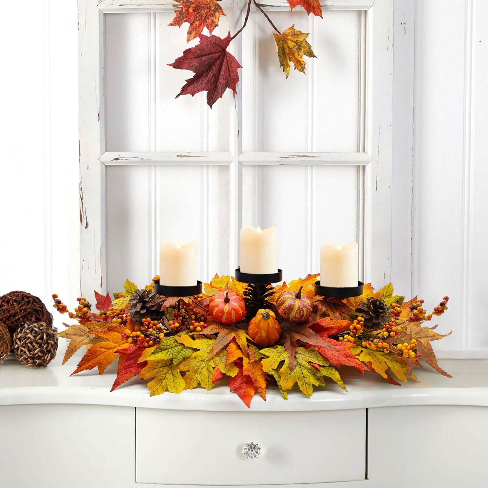 Fall Centerpiece Table Decorations, 27.5'' L Assorted Artificial Pumpkins, Pine Cones, Berries, and Autumn Leaves Harvest Table Candle Holder for Dinning Table, Fireplace Mantel (Candle Not Included) - DigiVirt