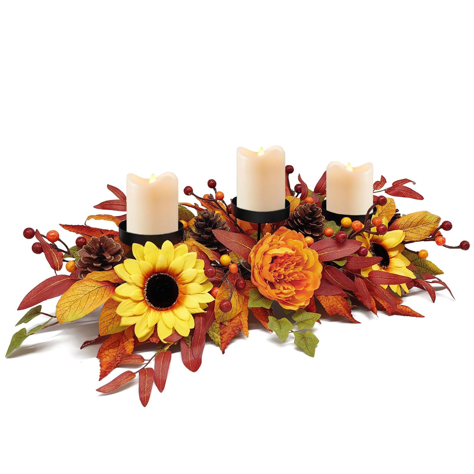 Fall Centerpiece Table Decorations, 27.5'' L Assorted Artificial Pumpkins, Pine Cones, Berries, and Autumn Leaves Harvest Table Candle Holder for Dinning Table, Fireplace Mantel (Candle Not Included) - DigiVirt