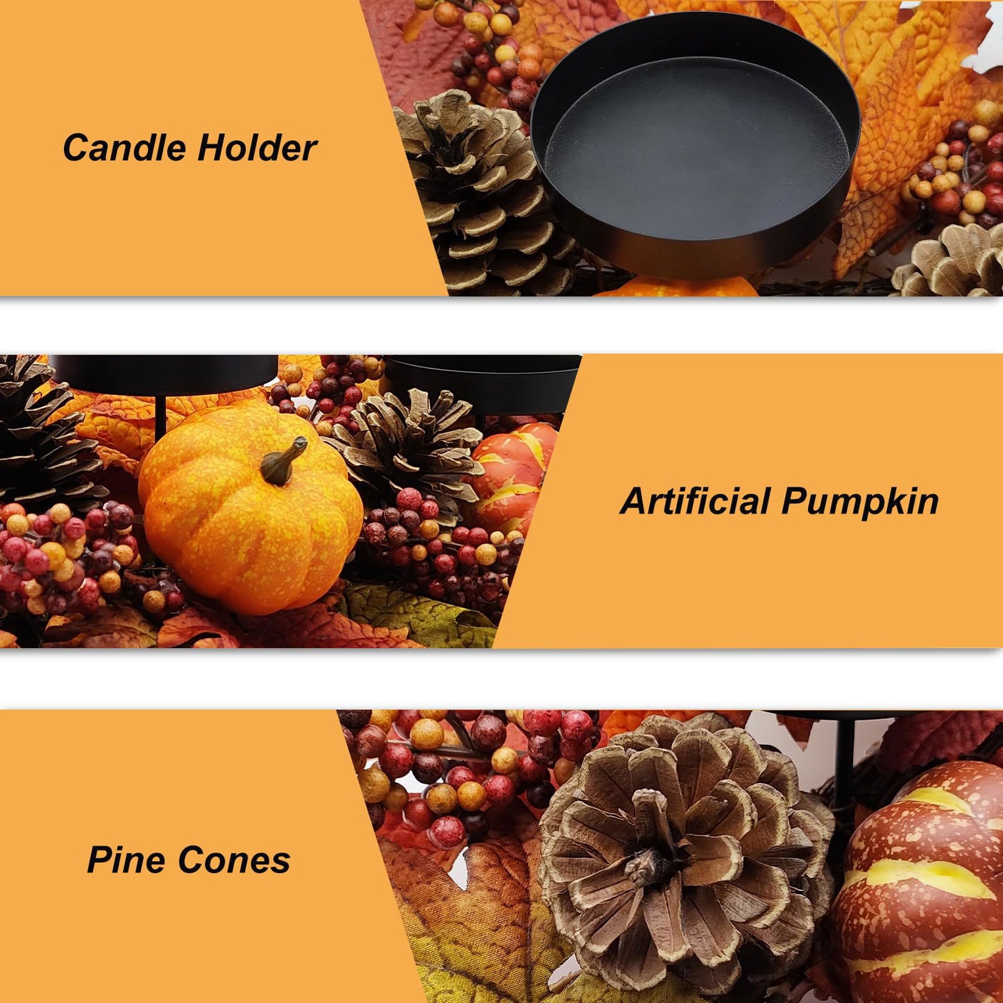 Fall Centerpiece Table Decorations, 27.5'' L Assorted Artificial Pumpkins, Pine Cones, Berries, and Autumn Leaves Harvest Table Candle Holder for Dinning Table, Fireplace Mantel (Candle Not Included) - DigiVirt