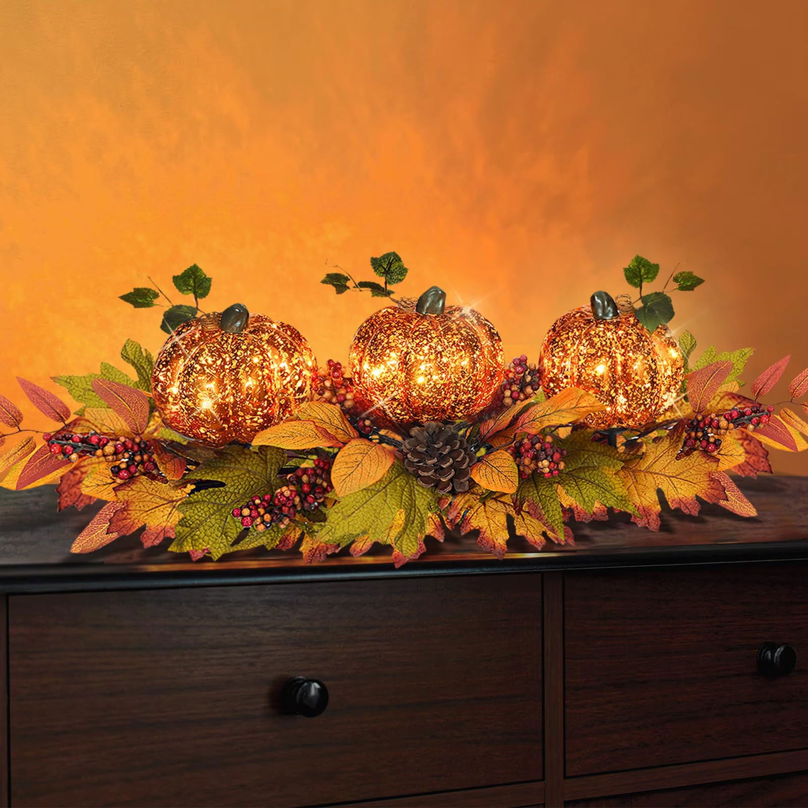 Fall Centerpiece Table Decorations, 27.5'' L Assorted Artificial Pumpkins, Pine Cones, Berries, and Autumn Leaves Harvest Table Candle Holder for Dinning Table, Fireplace Mantel (Candle Not Included) - DigiVirt