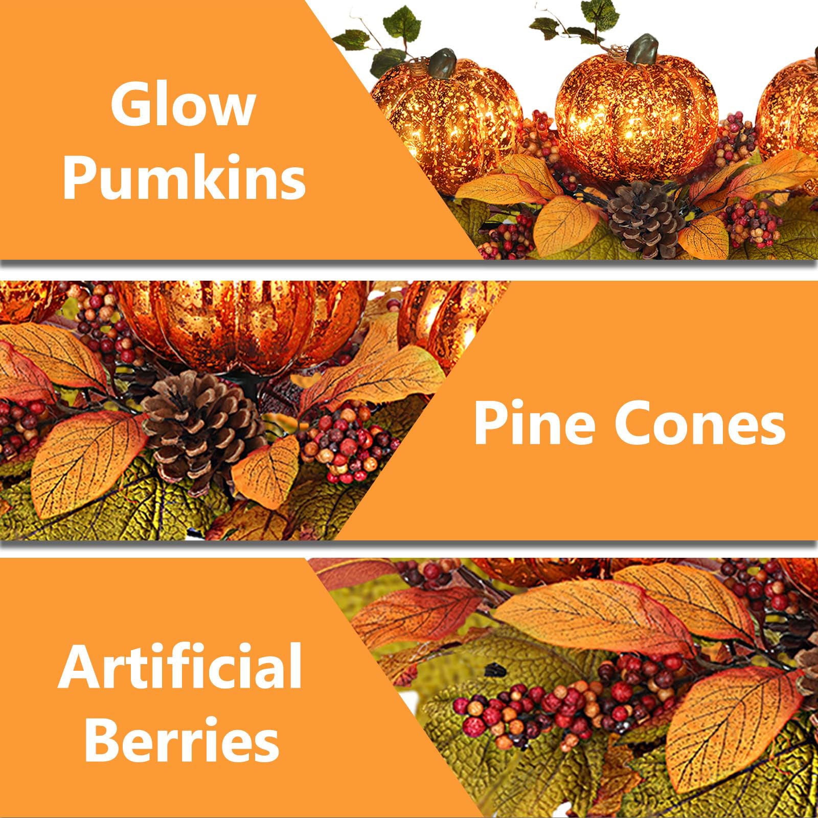 Fall Centerpiece Table Decorations, 27.5'' L Assorted Artificial Pumpkins, Pine Cones, Berries, and Autumn Leaves Harvest Table Candle Holder for Dinning Table, Fireplace Mantel (Candle Not Included) - DigiVirt