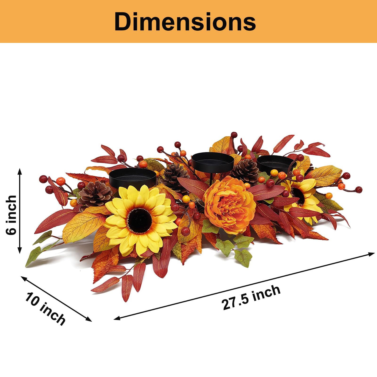 Fall Centerpiece Table Decorations, 27.5'' L Assorted Artificial Pumpkins, Pine Cones, Berries, and Autumn Leaves Harvest Table Candle Holder for Dinning Table, Fireplace Mantel (Candle Not Included) - DigiVirt