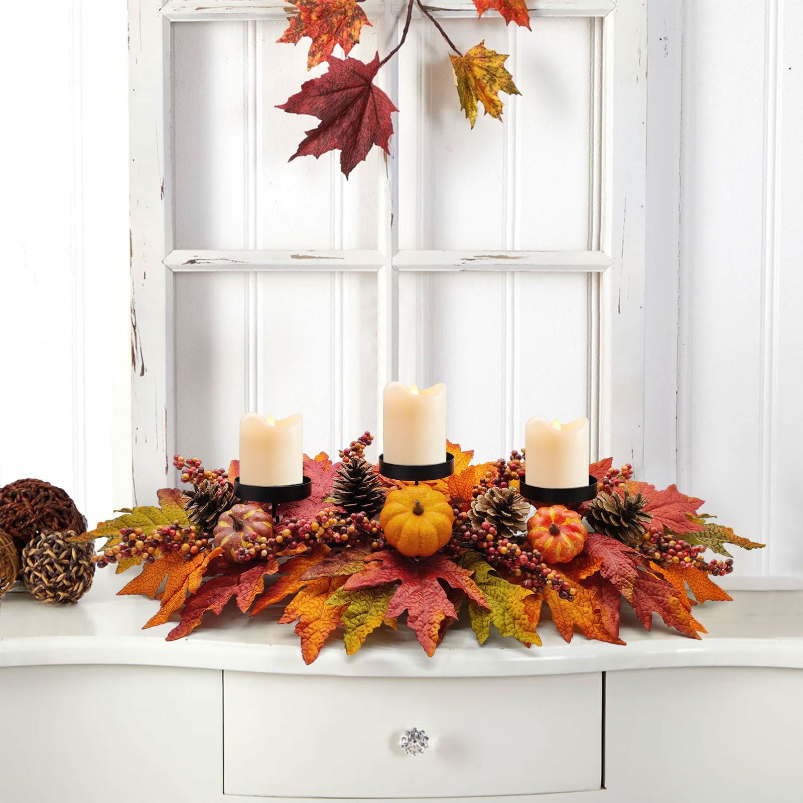 Fall Centerpiece Table Decorations, 27.5'' L Assorted Artificial Pumpkins, Pine Cones, Berries, and Autumn Leaves Harvest Table Candle Holder for Dinning Table, Fireplace Mantel (Candle Not Included) - DigiVirt