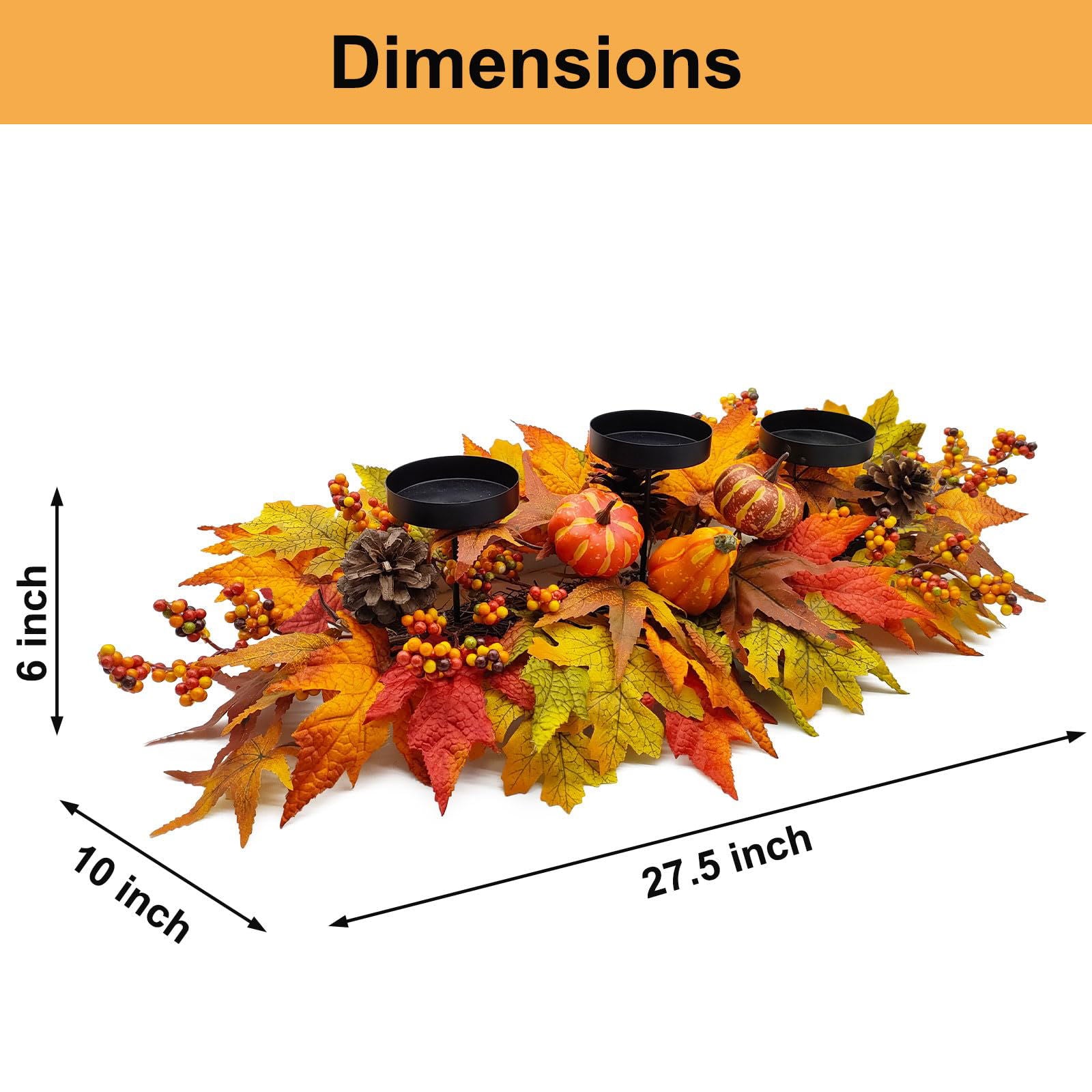 Fall Centerpiece Table Decorations, 27.5'' L Assorted Artificial Pumpkins, Pine Cones, Berries, and Autumn Leaves Harvest Table Candle Holder for Dinning Table, Fireplace Mantel (Candle Not Included) - DigiVirt