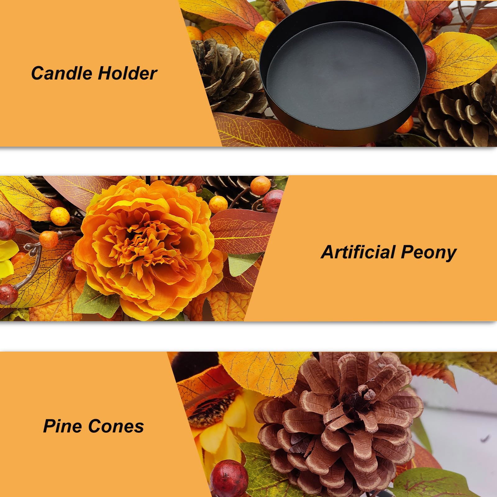 Fall Centerpiece Table Decorations, 27.5'' L Assorted Artificial Pumpkins, Pine Cones, Berries, and Autumn Leaves Harvest Table Candle Holder for Dinning Table, Fireplace Mantel (Candle Not Included) - DigiVirt