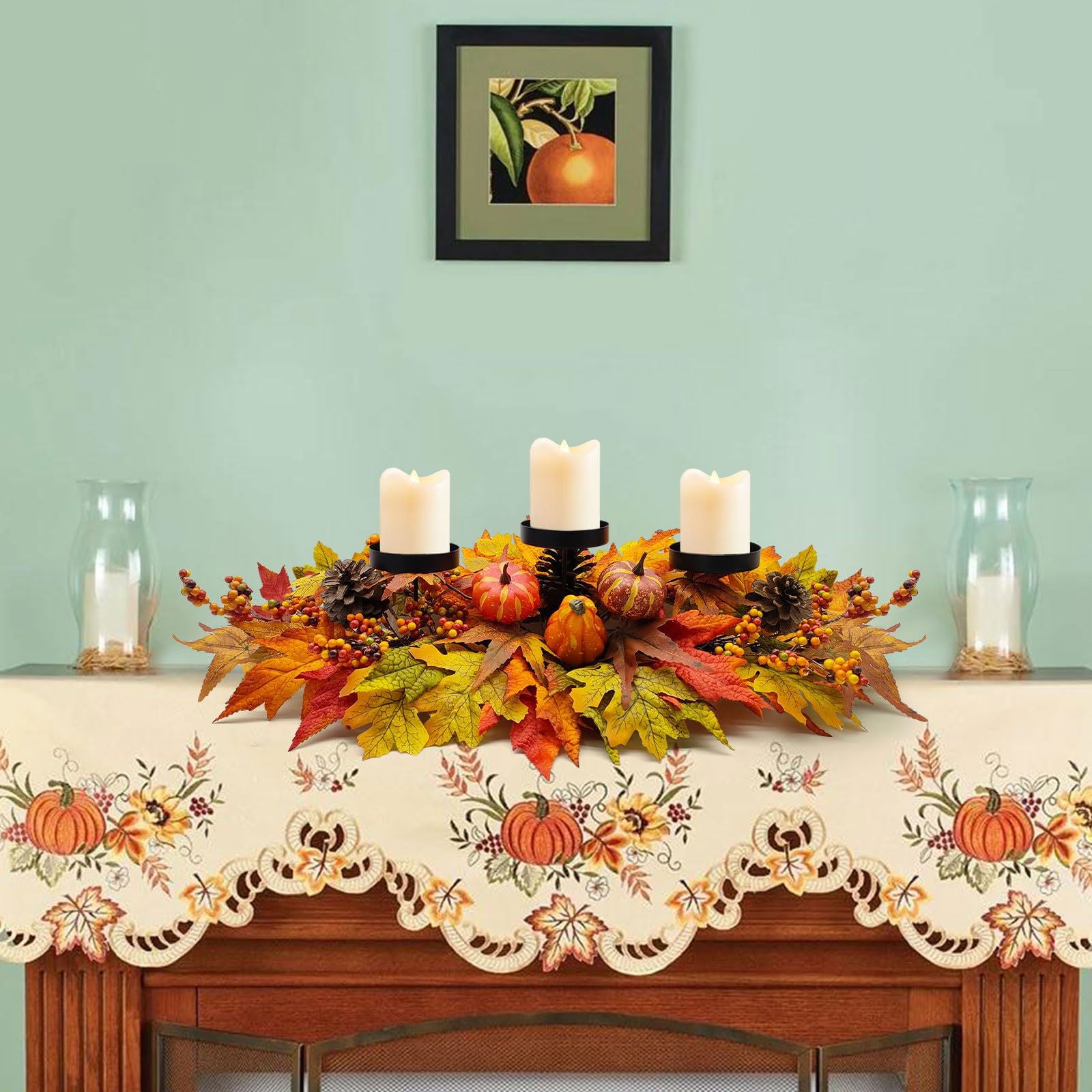 Fall Centerpiece Table Decorations, 27.5'' L Assorted Artificial Pumpkins, Pine Cones, Berries, and Autumn Leaves Harvest Table Candle Holder for Dinning Table, Fireplace Mantel (Candle Not Included) - DigiVirt