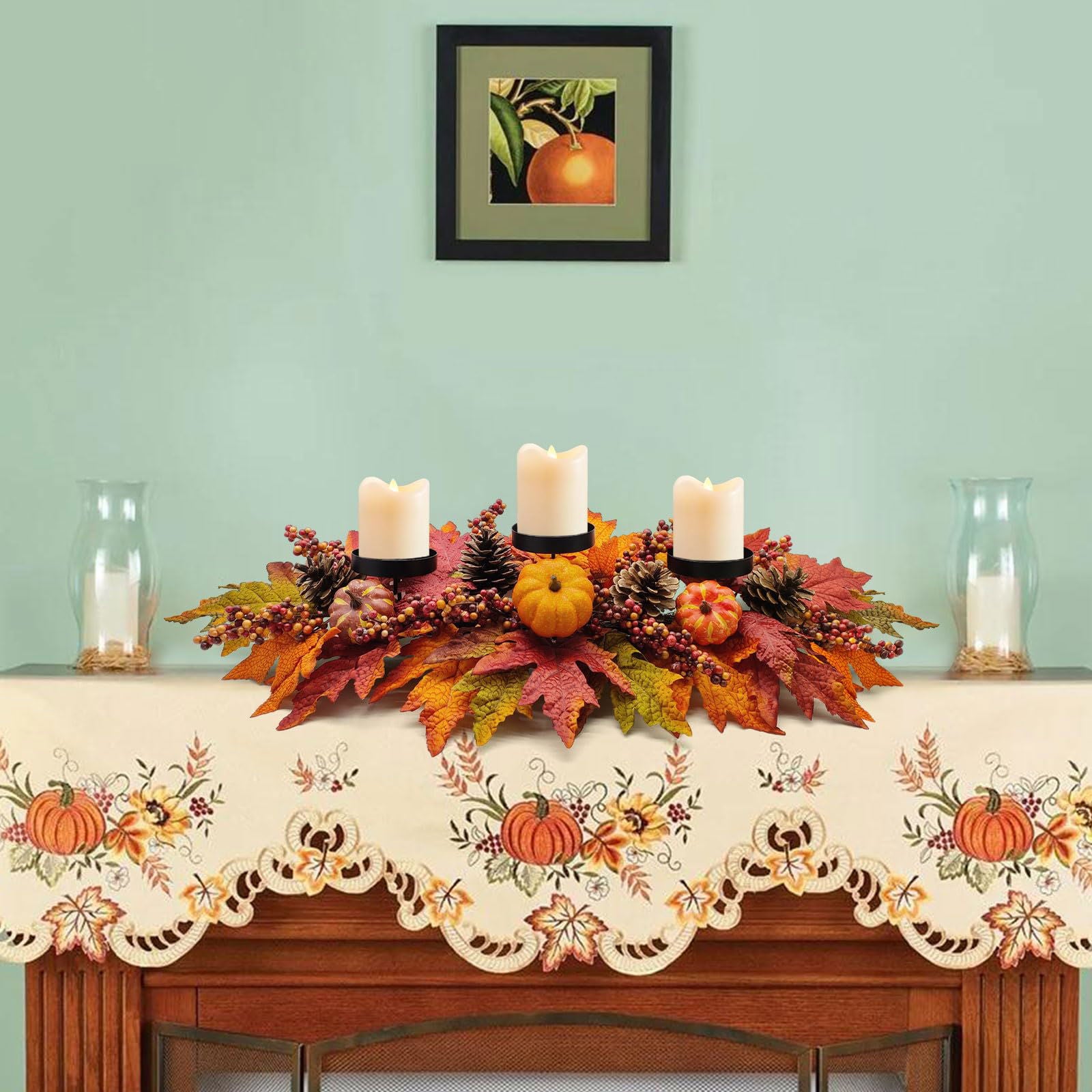 Fall Centerpiece Table Decorations, 27.5'' L Assorted Artificial Pumpkins, Pine Cones, Berries, and Autumn Leaves Harvest Table Candle Holder for Dinning Table, Fireplace Mantel (Candle Not Included) - DigiVirt
