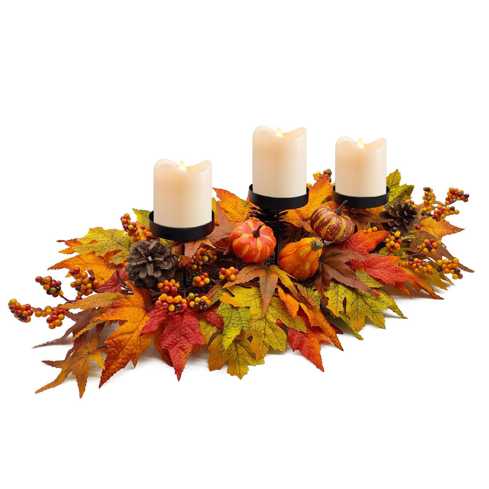 Fall Centerpiece Table Decorations, 27.5'' L Assorted Artificial Pumpkins, Pine Cones, Berries, and Autumn Leaves Harvest Table Candle Holder for Dinning Table, Fireplace Mantel (Candle Not Included) - DigiVirt