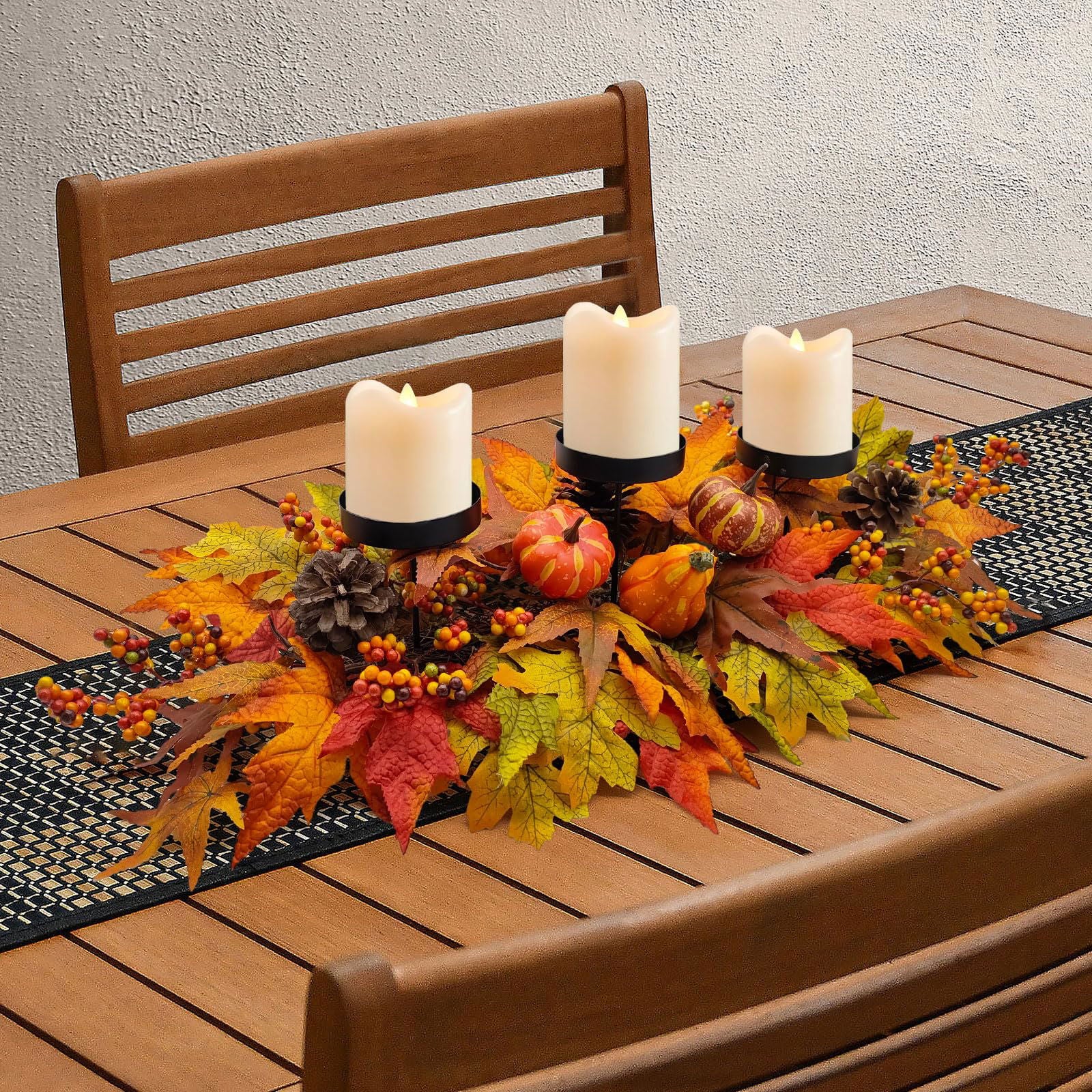 Fall Centerpiece Table Decorations, 27.5'' L Assorted Artificial Pumpkins, Pine Cones, Berries, and Autumn Leaves Harvest Table Candle Holder for Dinning Table, Fireplace Mantel (Candle Not Included) - DigiVirt