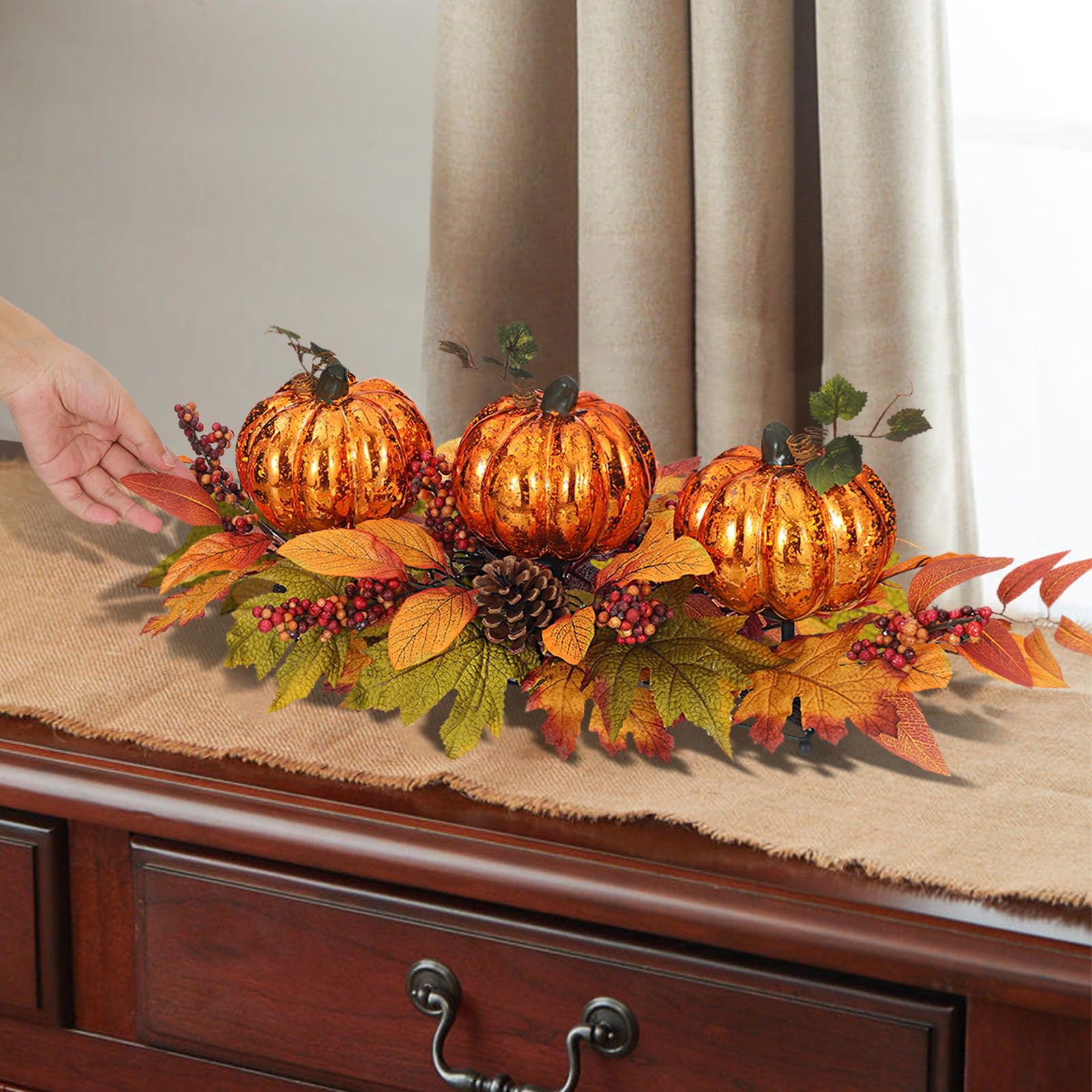 Fall Centerpiece Table Decorations, 27.5'' L Assorted Artificial Pumpkins, Pine Cones, Berries, and Autumn Leaves Harvest Table Candle Holder for Dinning Table, Fireplace Mantel (Candle Not Included) - DigiVirt
