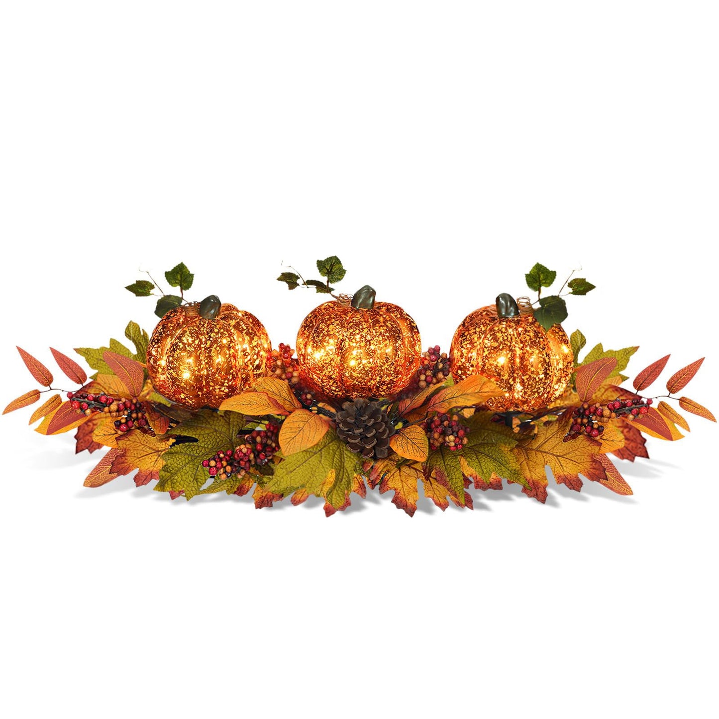Fall Centerpiece Table Decorations, 27.5'' L Assorted Artificial Pumpkins, Pine Cones, Berries, and Autumn Leaves Harvest Table Candle Holder for Dinning Table, Fireplace Mantel (Candle Not Included) - DigiVirt