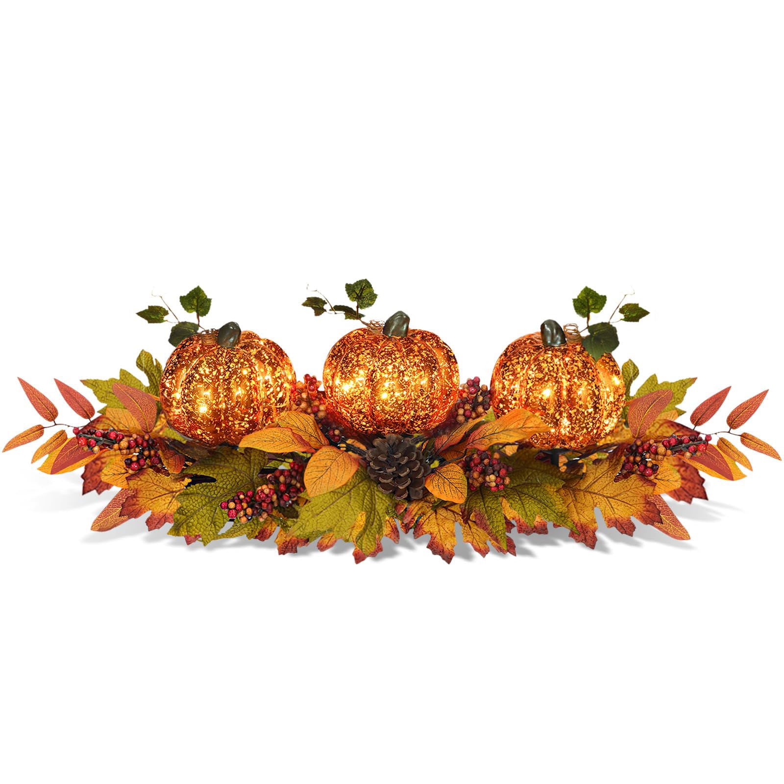 Fall Centerpiece Table Decorations, 27.5'' L Assorted Artificial Pumpkins, Pine Cones, Berries, and Autumn Leaves Harvest Table Candle Holder for Dinning Table, Fireplace Mantel (Candle Not Included) - DigiVirt