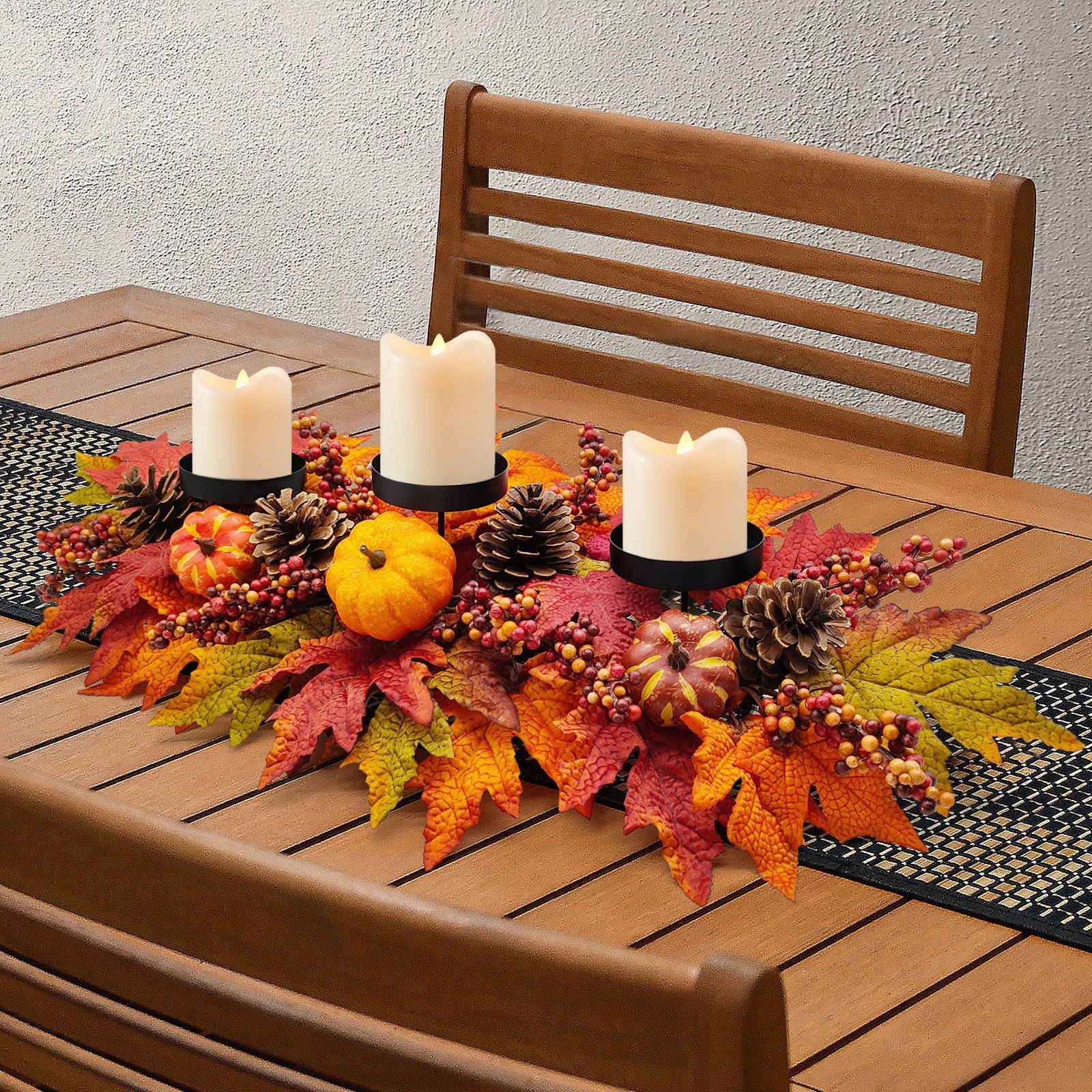 Fall Centerpiece Table Decorations, 27.5'' L Assorted Artificial Pumpkins, Pine Cones, Berries, and Autumn Leaves Harvest Table Candle Holder for Dinning Table, Fireplace Mantel (Candle Not Included) - DigiVirt
